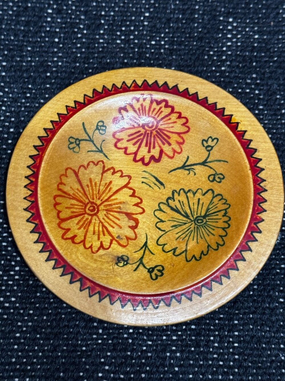 Soviet Russian Floral Folk Art 5" Wooden Plate, Vintage Circa 1980s